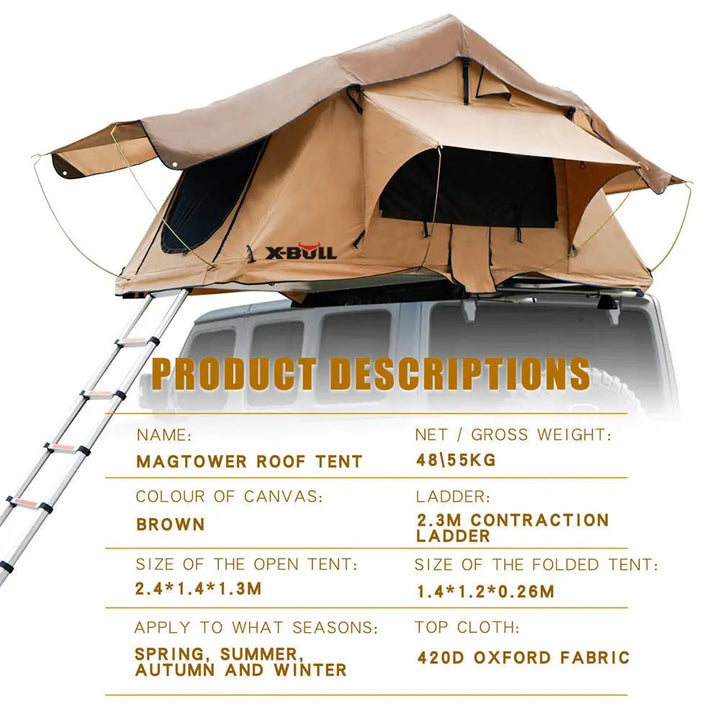 X-BULL 3 Person Magtower Roof Top Tent with Ladder & Mattress - X-BULL