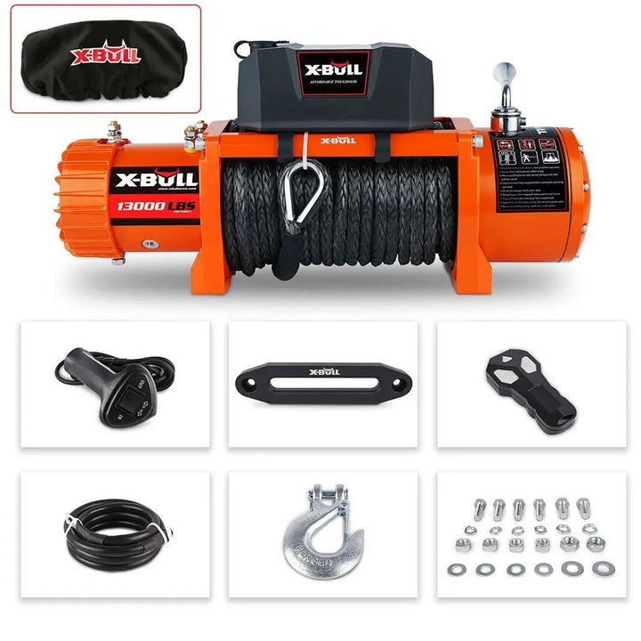 X - BULL Electric Winch 13000 LBS 12V Synthetic Rope SUV Jeep Truck 4WD Orange（test item） - X - BULL