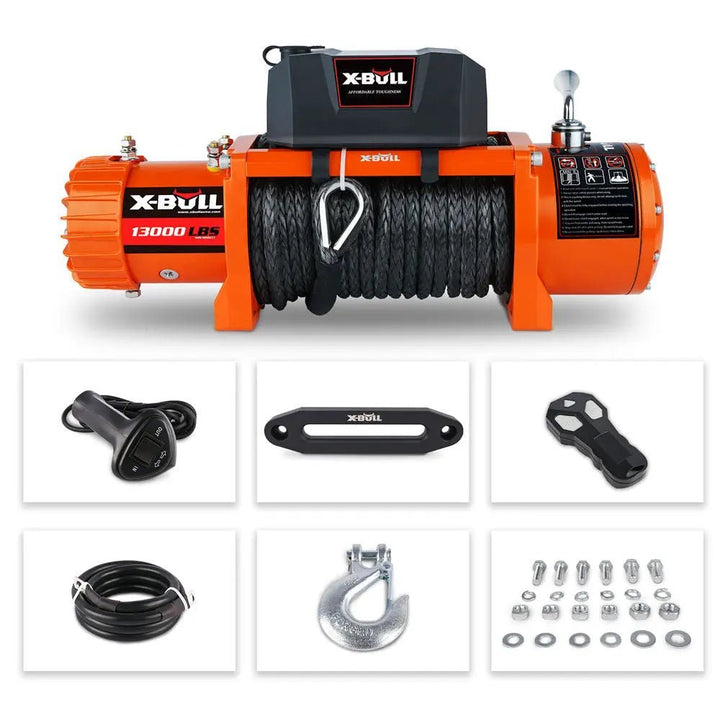 X - BULL Electric Winch 13000 LBS 12V Synthetic Rope SUV Jeep Truck 4WD Orange（test item） - X - BULL