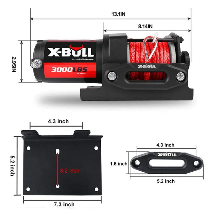 X-BULL Electric Winch 3000 LBS 12V Synthetic Rope ATV UTV Boat Truck 4WD - X-BULL