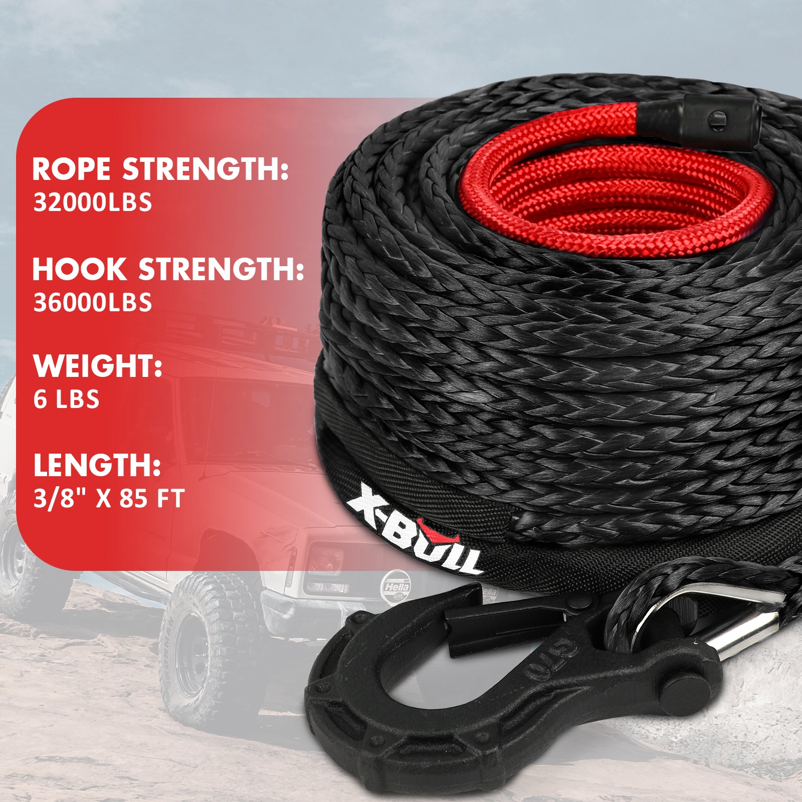 3/8" X 100ft Synthetic Winch Rope With Winch Hook - UHMWPE - 26,500lb Strength